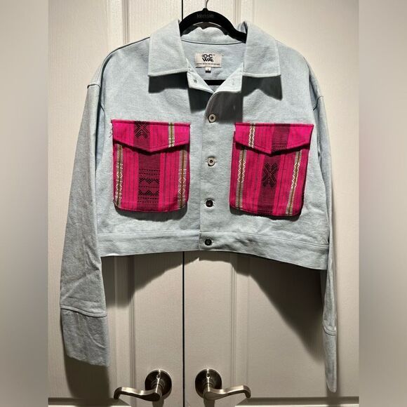 OCWA Light Blue Denim Jacket with tribal patches size S - Picture 1 of 3
